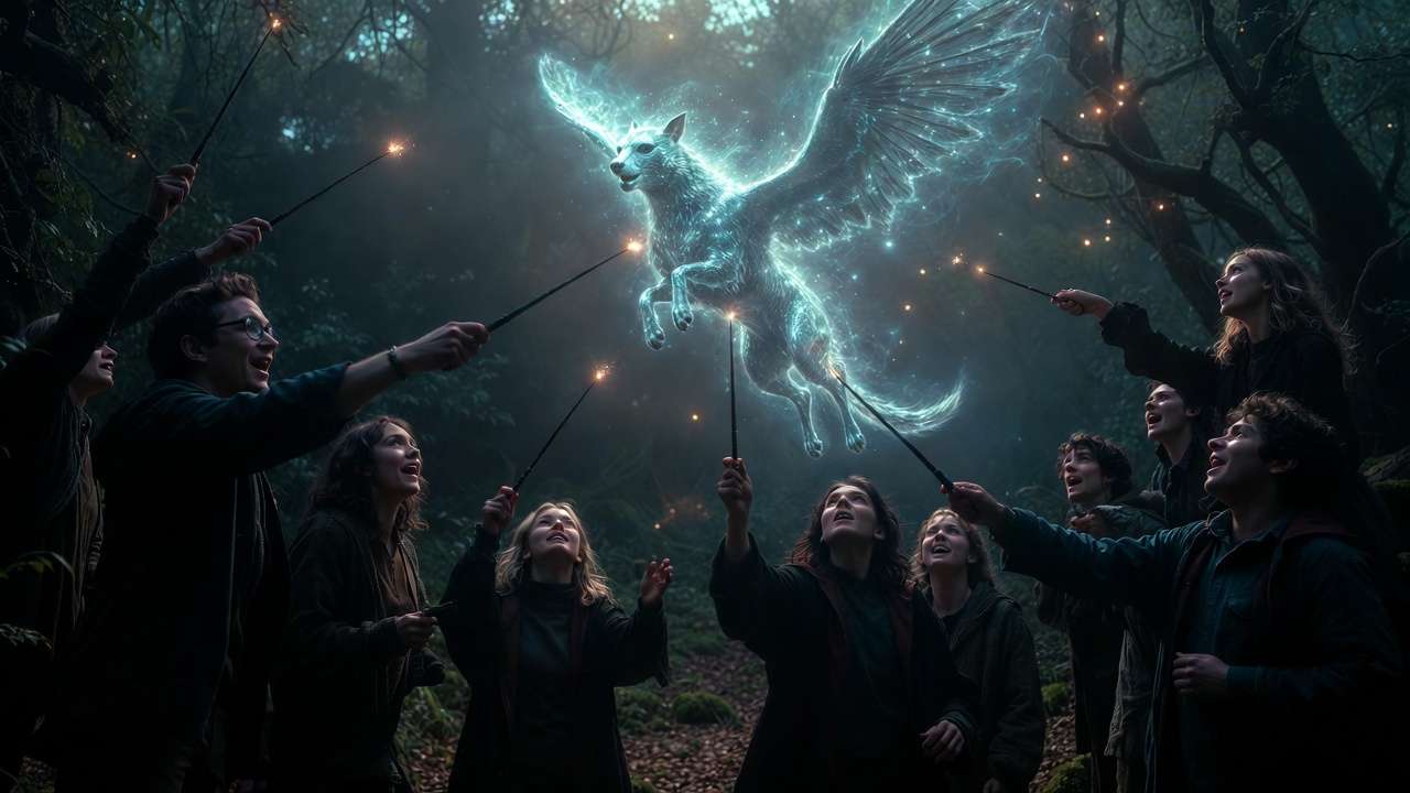 Casting Expecto Patronum with glowing Patronus in the Harry Potter Forbidden Forest adventure