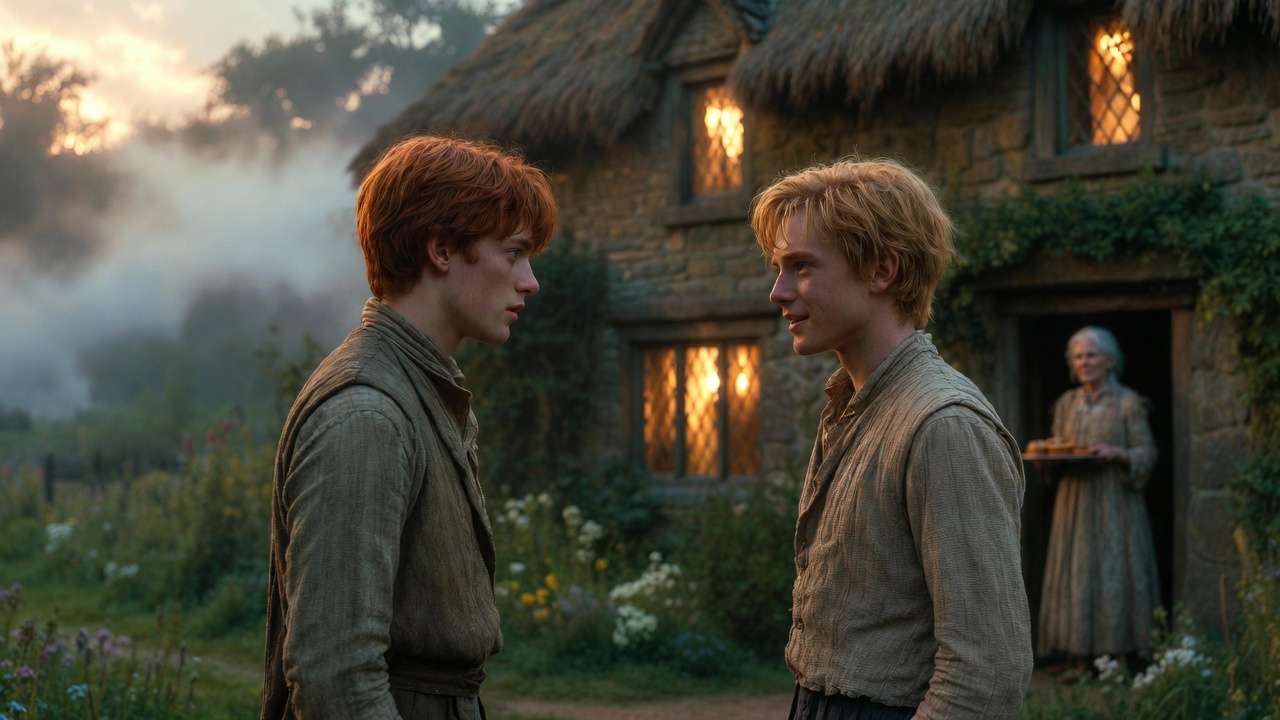 Young Albus Dumbledore and Gellert Grindelwald talking in Godric's Hollow with Bathilda Bagshot watching