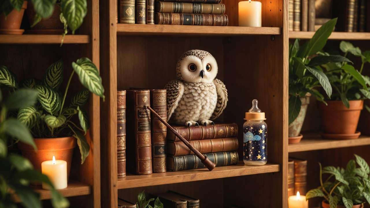 Harry Potter books with plush owl, wand toy, and baby bottle on nursery shelf, cozy magical family inspiration