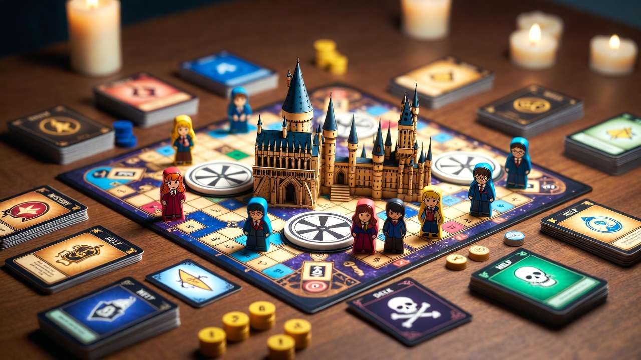 Harry Potter Clue board game components including Hogwarts board, character pawns, mystery cards, Help cards, Dark Mark, and house points