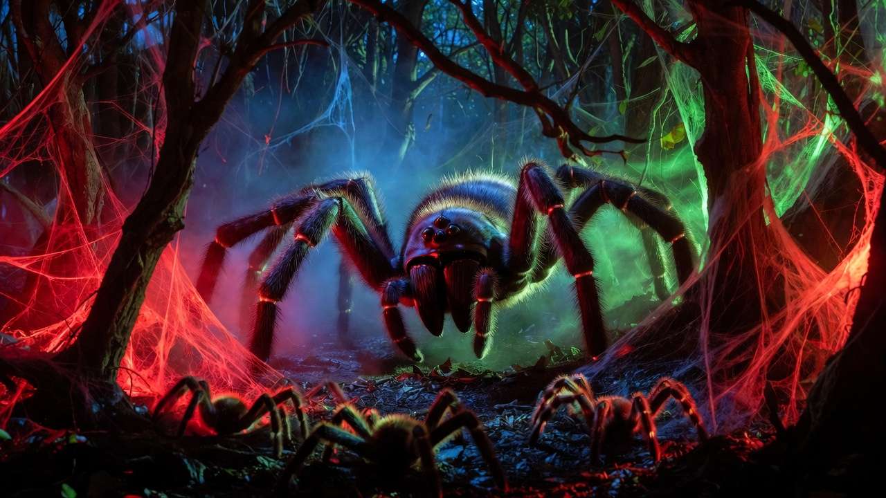 Giant Aragog and spiders in the thrilling dark section of the Forbidden Forest Harry Potter trail