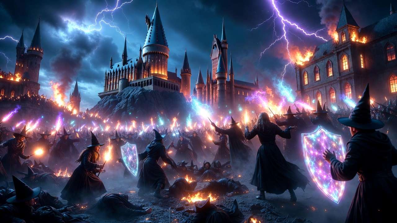 Epic Battle of Hogwarts night fight with spells and castle destruction