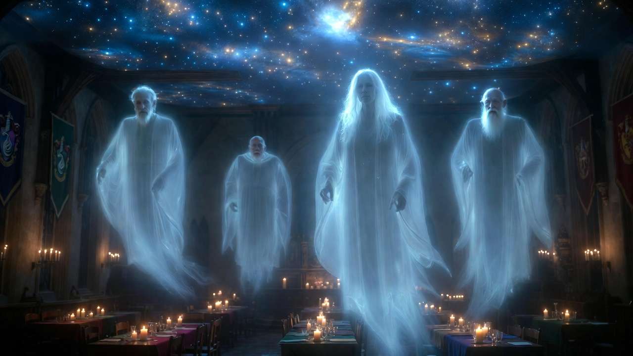 The four house ghosts of Hogwarts - Nick, Fat Friar, Grey Lady, Bloody Baron in Great Hall - Harry Potter ghosts