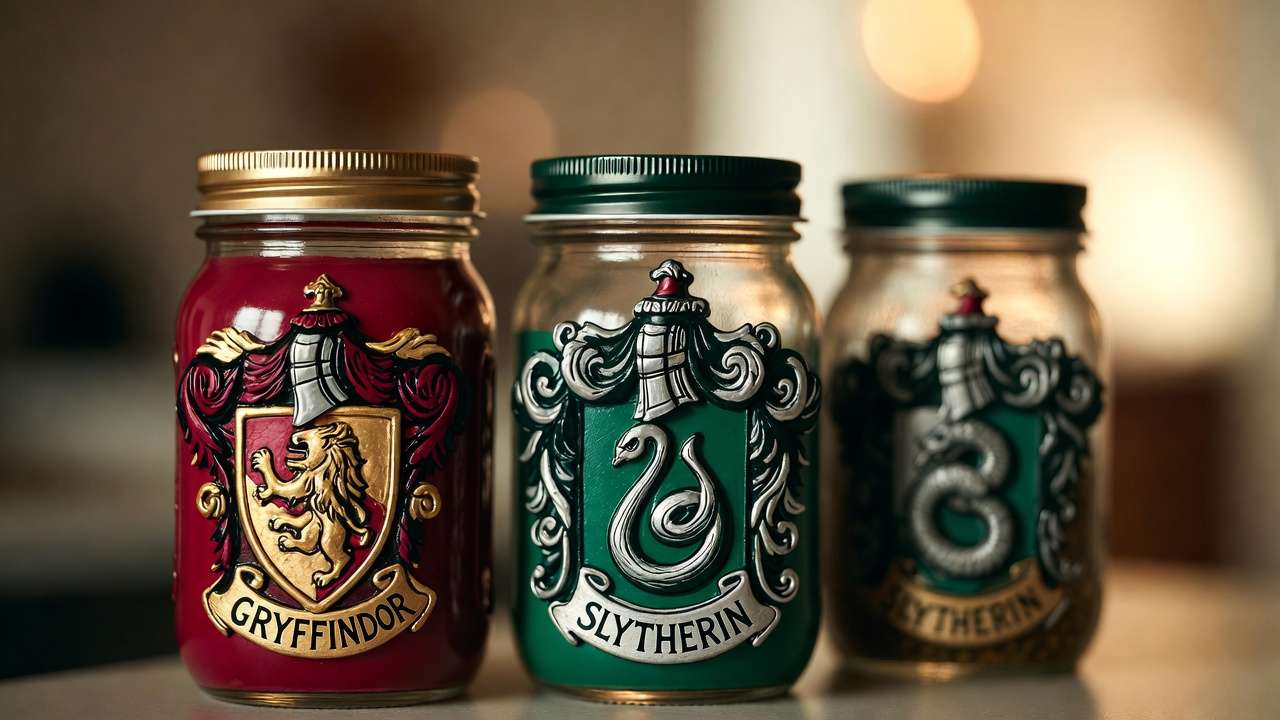 Hogwarts house themed mason jar storage crafts in Gryffindor and Slytherin colors DIY