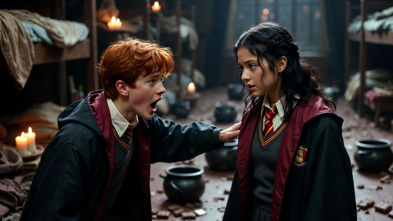 Ron Weasley under love potion effect gazing at Romilda Vane in Hogwarts dormitory