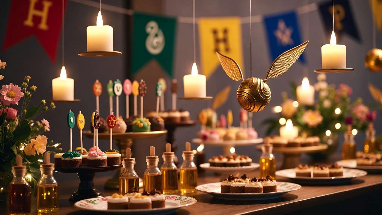 Magical Harry Potter baby shower decorations with floating candles and golden snitches