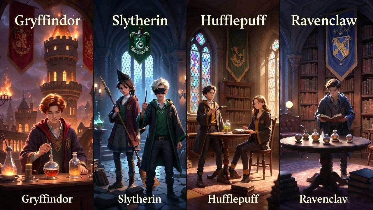 Hogwarts Legacy students Garreth Weasley and Ominis Gaunt in Gryffindor and Slytherin common rooms