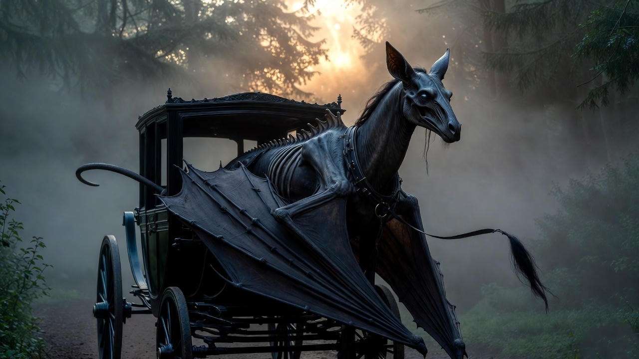 Thestral pulling a Hogwarts carriage through the misty Forbidden Forest in Harry Potter.