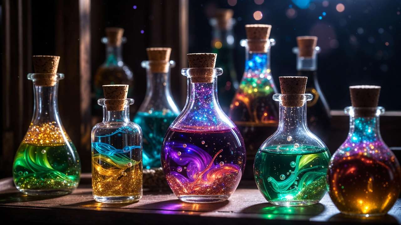 DIY layered Harry Potter potion bottles with colorful magical liquids and glowing effects