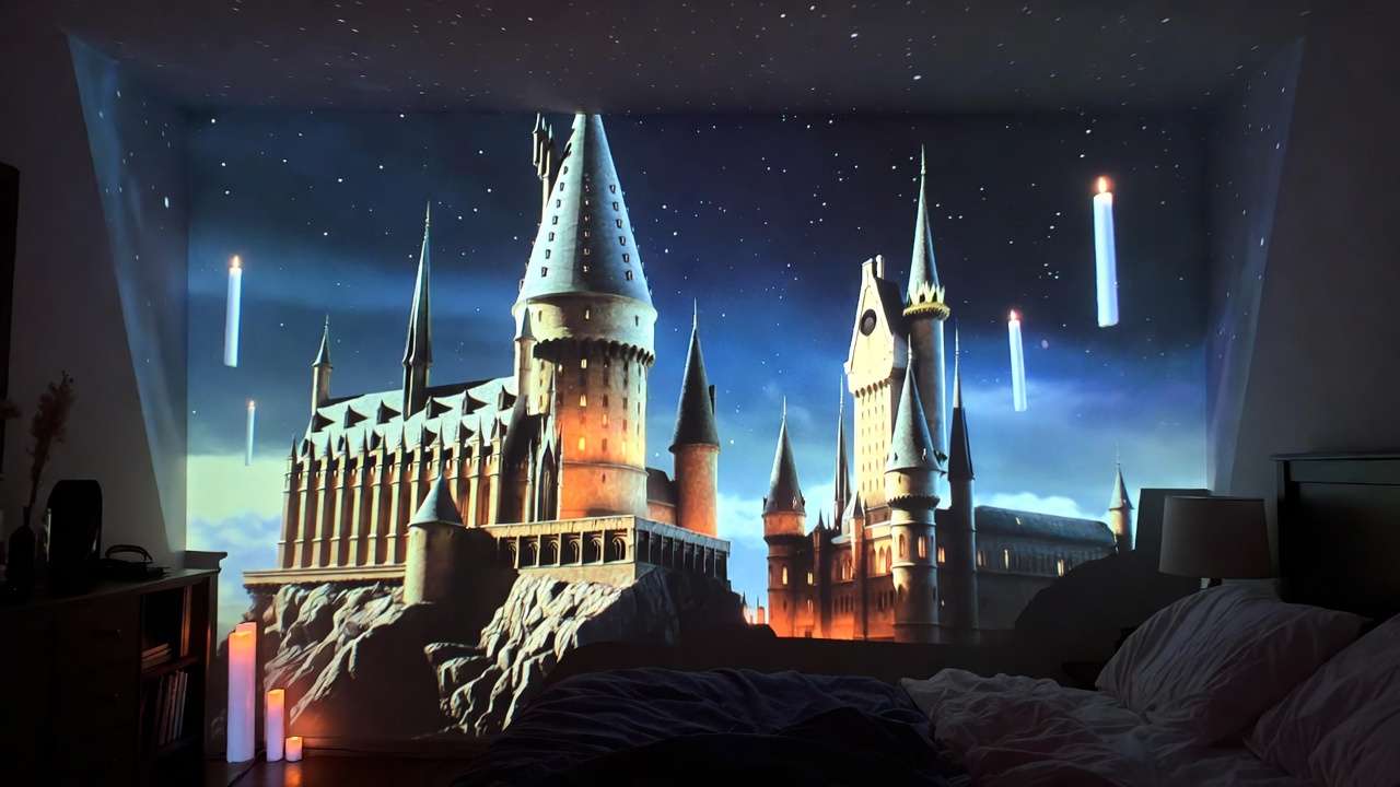 Hogwarts castle scene projected on bedroom wall and ceiling with Harry Potter magical projector