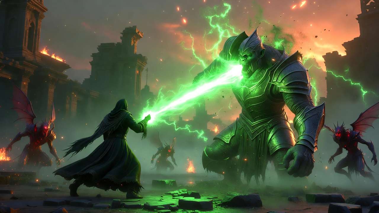 Avada Kedavra one-shot kill on troll in Hogwarts Legacy combat with green curse beam and cursed enemies