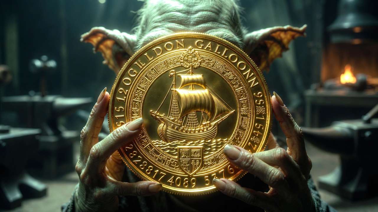 Goblin inspecting authentic Galleon coin at Gringotts bank