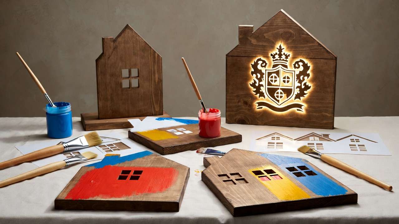DIY Harry Potter signs crafting process with wood, paints, and tools for Hogwarts fans.