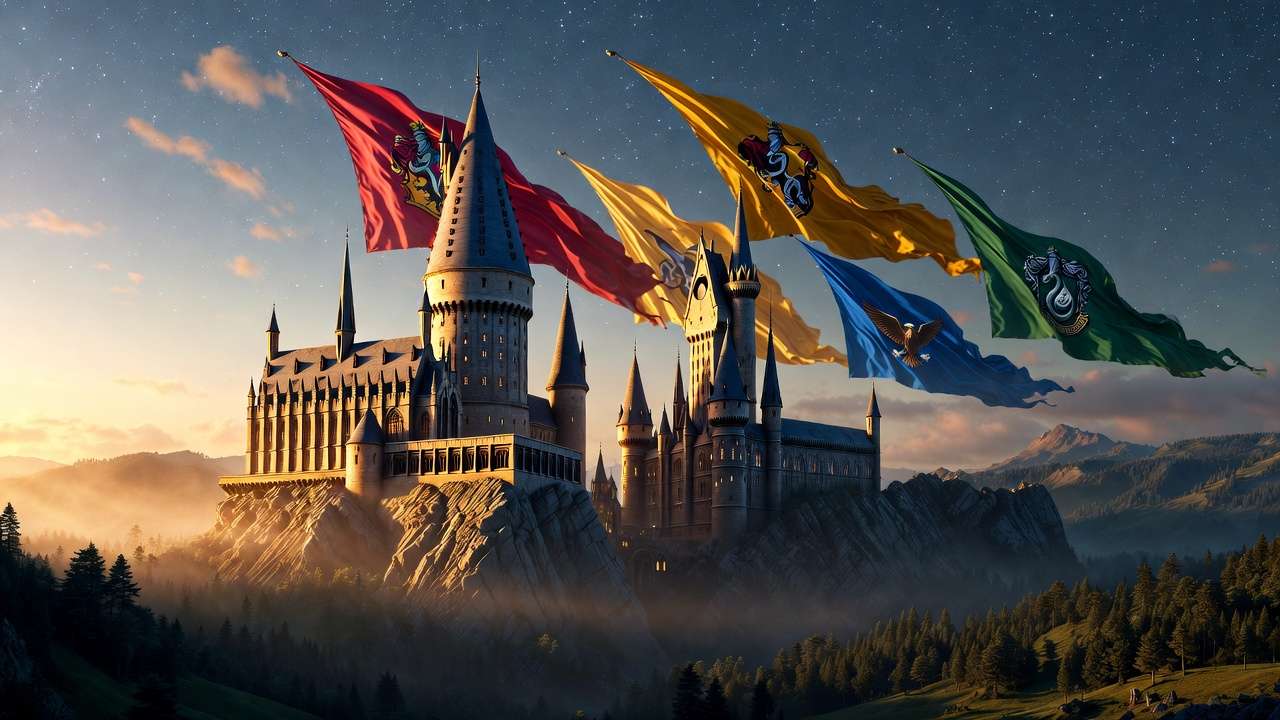Hogwarts castle with flying house banners representing Gryffindor, Hufflepuff, Ravenclaw, and Slytherin in a magical night scene