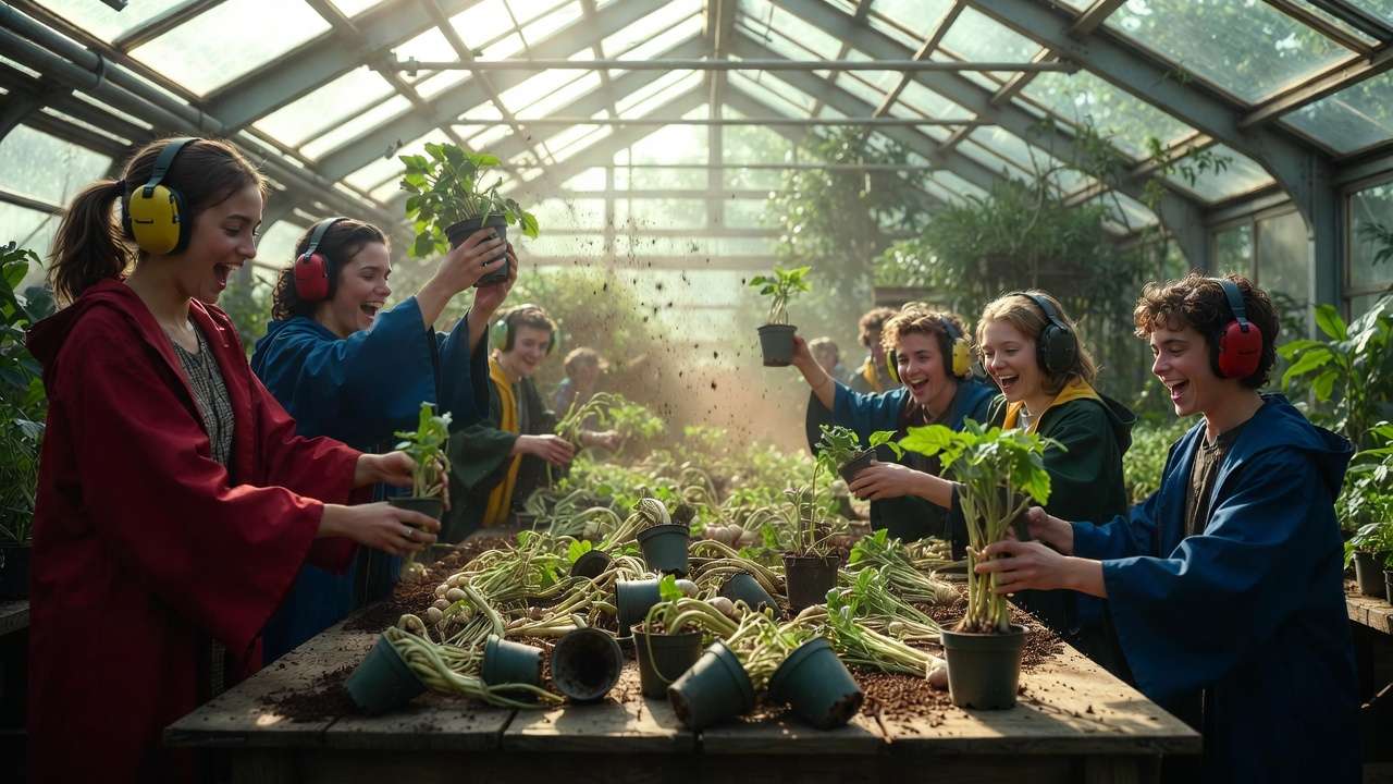Pulling Mandrakes in the Herbology classroom at Harry Potter Exhibition SLC