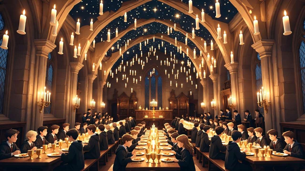 MinaLima interactive illustrated edition – enchanting Great Hall feast scene with floating candles