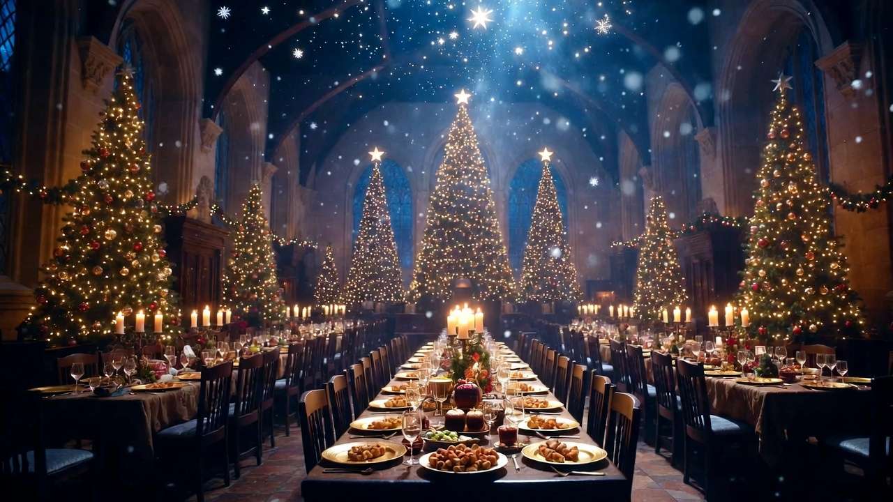 Magical Christmas feast with trees and snow in Hogwarts Great Hall