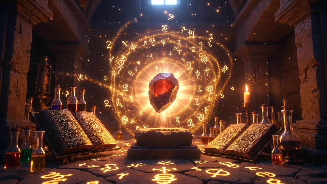 Philosopher's Stone glowing in ancient alchemical chamber Harry Potter