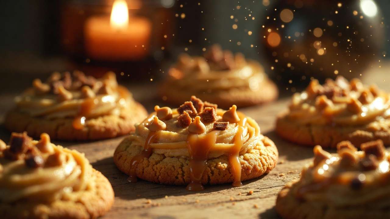 Close-up of golden butterbeer cookies with creamy frosting and caramel drizzle for Harry Potter baking