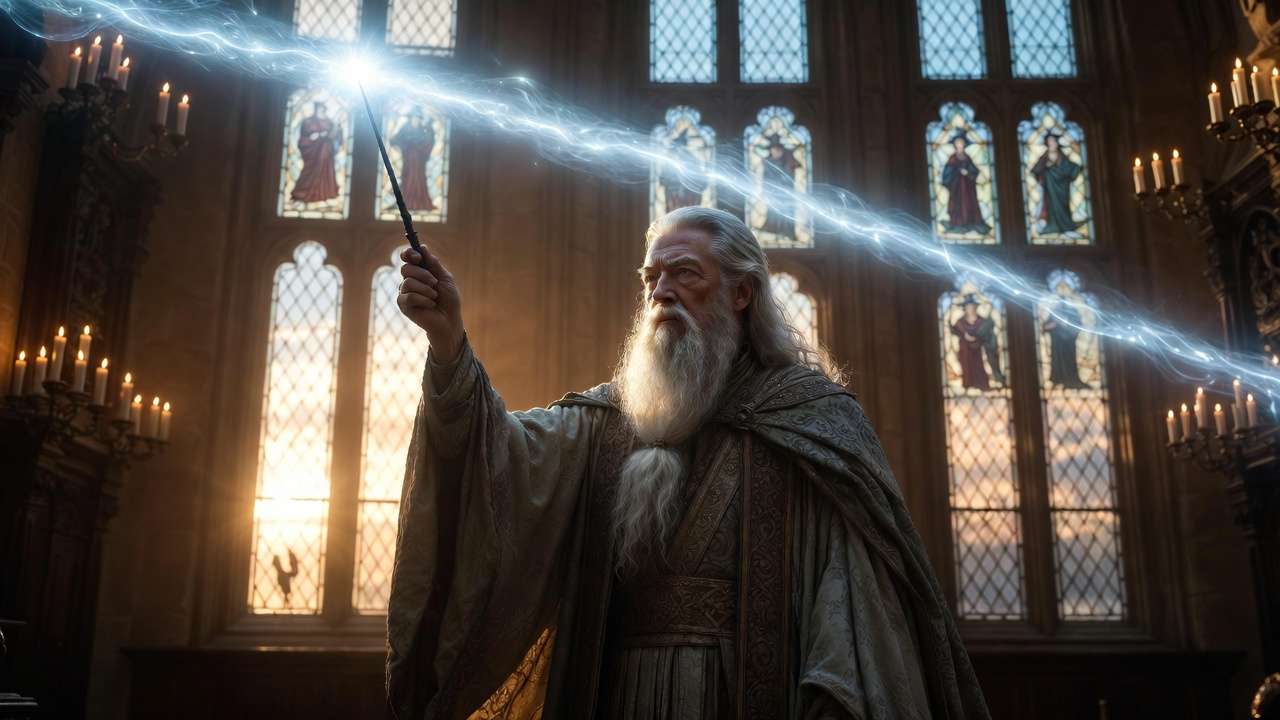 Albus Dumbledore powerful wizard in Hogwarts Great Hall Harry Potter