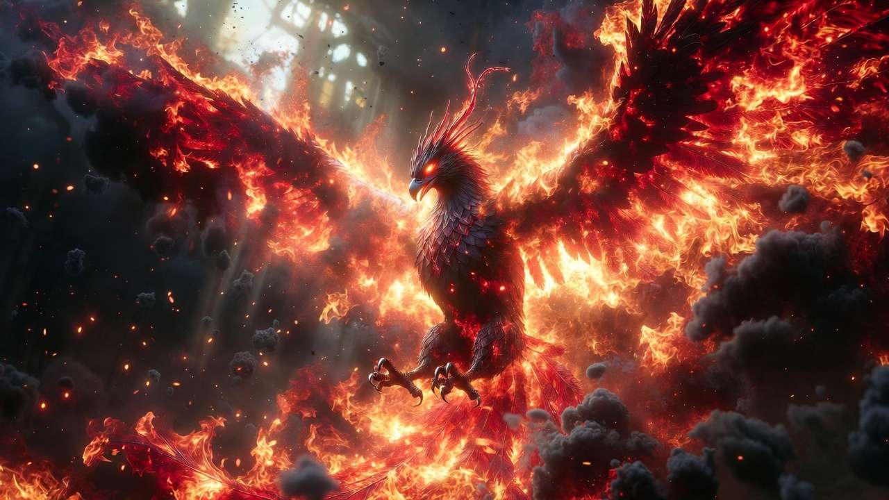 Fawkes phoenix rebirth in flames from ashes Harry Potter