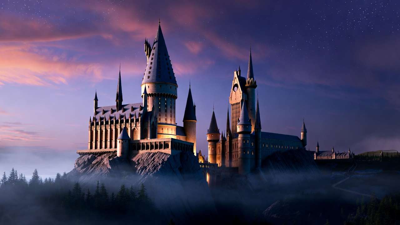 Hogwarts Castle at twilight with magical glowing lights and starry sky, representing the enduring inspiration of Harry Potter quotes.