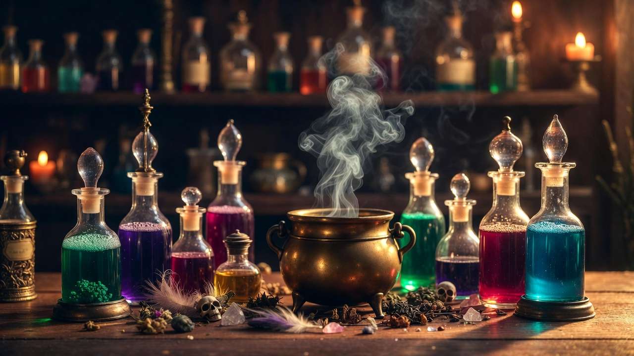 Close-up of magical potion bottles and cauldron for Harry Potter escape room puzzle