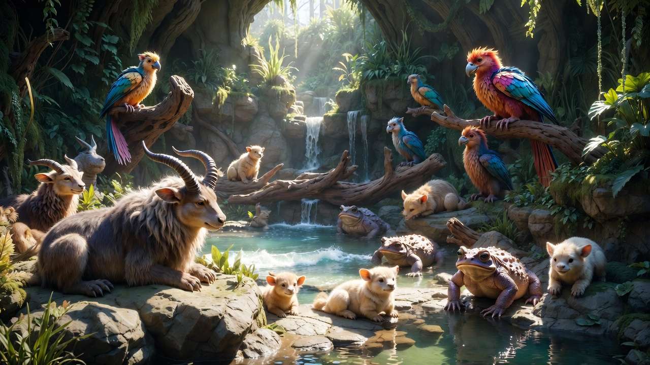 Optimized Coastal vivarium in Hogwarts Legacy showing compatible beasts like Graphorn, Fwooper, and Giant Purple Toad