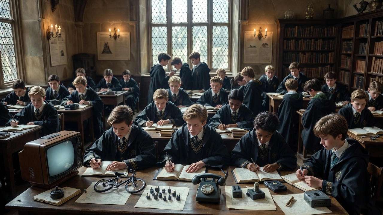 Hogwarts Muggle Studies classroom with various Muggle objects and artifacts in Harry Potter style
