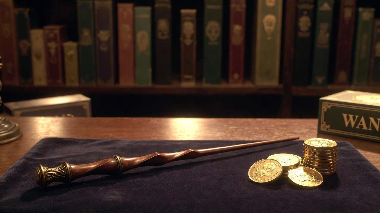 Seven gold Galleons next to a wand on Ollivander's counter in Diagon Alley 