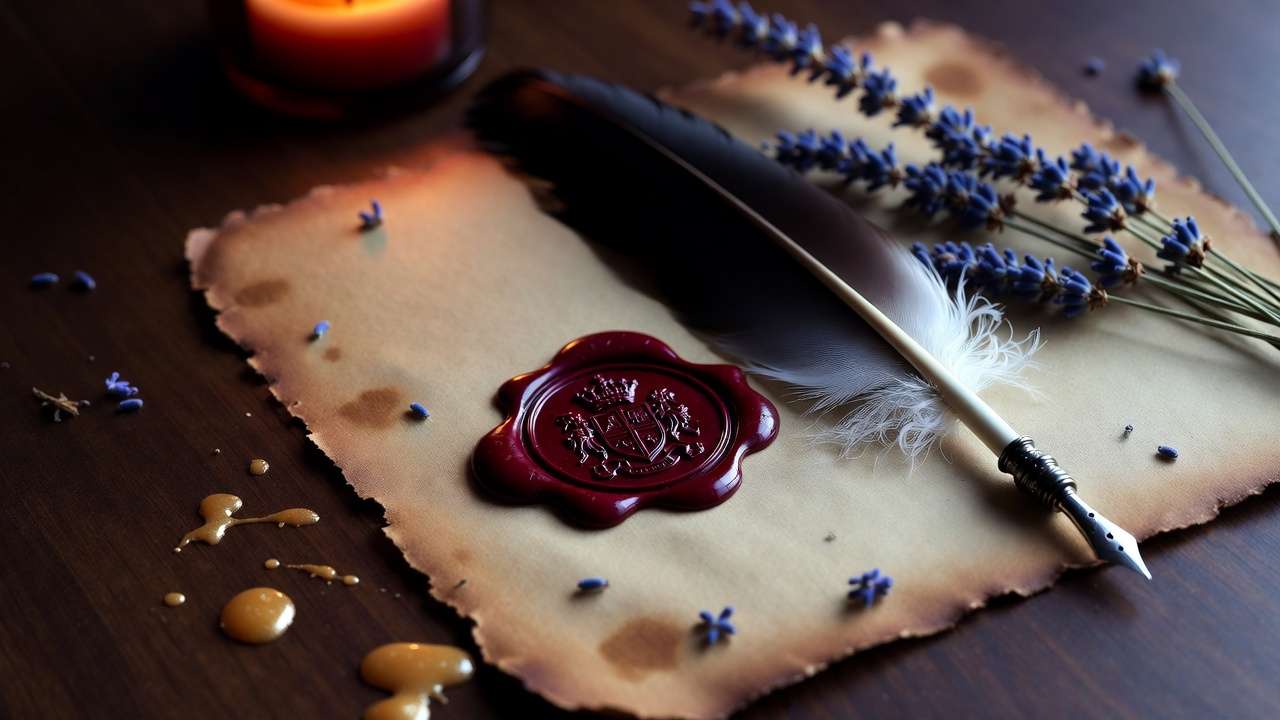 Close-up of aged parchment Hogwarts acceptance letter with red wax seal and quill for Harry Potter birthday invitation DIY