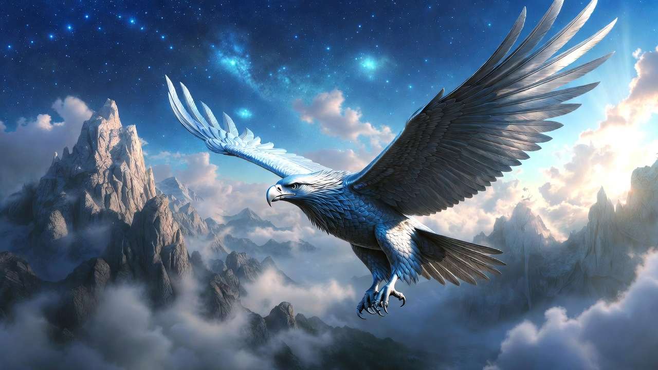 Ravenclaw eagle soaring in blue and bronze sky representing intelligence, wisdom, and creative vision