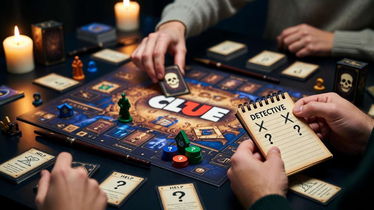 Players making suggestions and managing house points during intense Harry Potter Clue gameplay