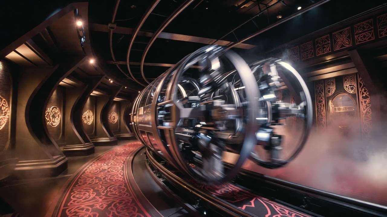 Omnidirectional robotic lift vehicle in action during Harry Potter and the Battle at the Ministry dark ride