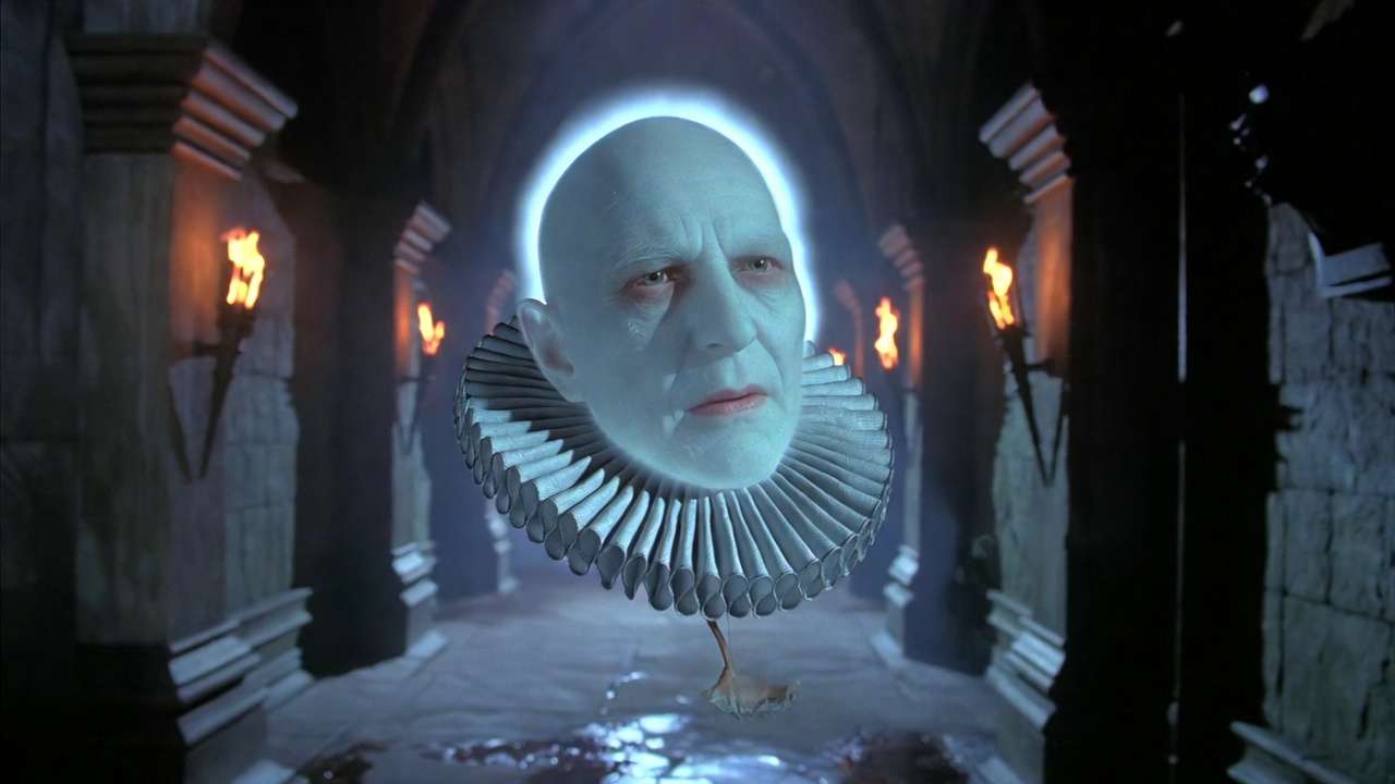 Nearly Headless Nick pulling his nearly severed head in Hogwarts corridor - Harry Potter ghosts