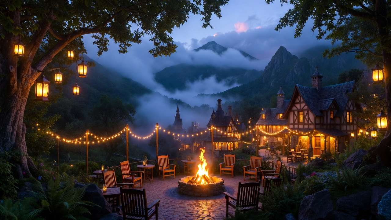 Evening fire pit and lantern-lit area in Mystic Village Asheville NC, perfect for magical storytelling nights in the mountains