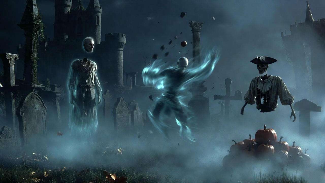 Hogwarts Legacy ghosts Nearly Headless Nick, Peeves, and Richard Jackdaw in haunted scene