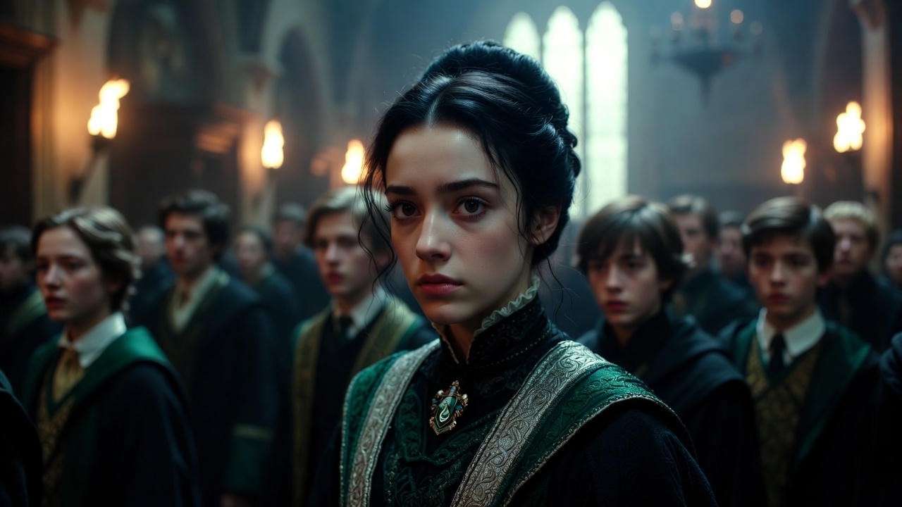 Pansy Parkinson in the Great Hall suggesting to hand over Harry during the Battle of Hogwarts in Harry Potter and the Deathly Hallows.