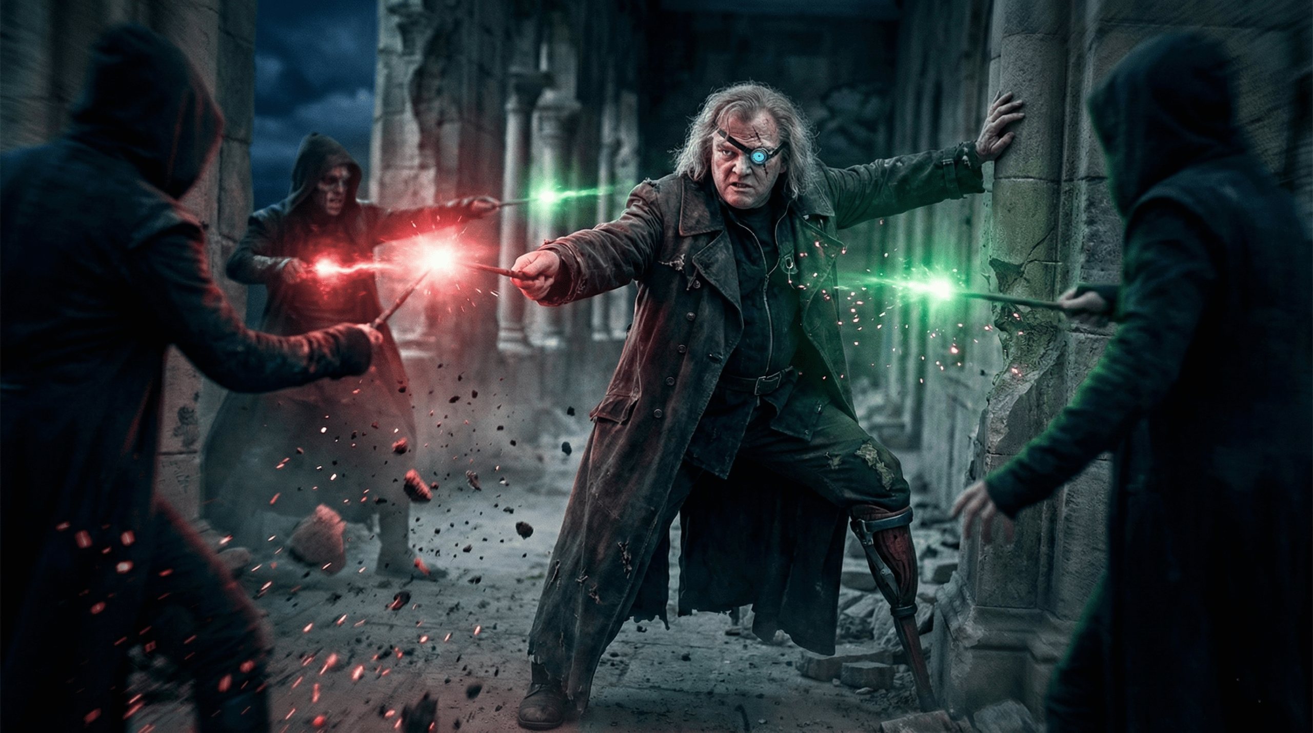 Alastor Moody in intense duel during the First Wizarding War as a legendary Auror