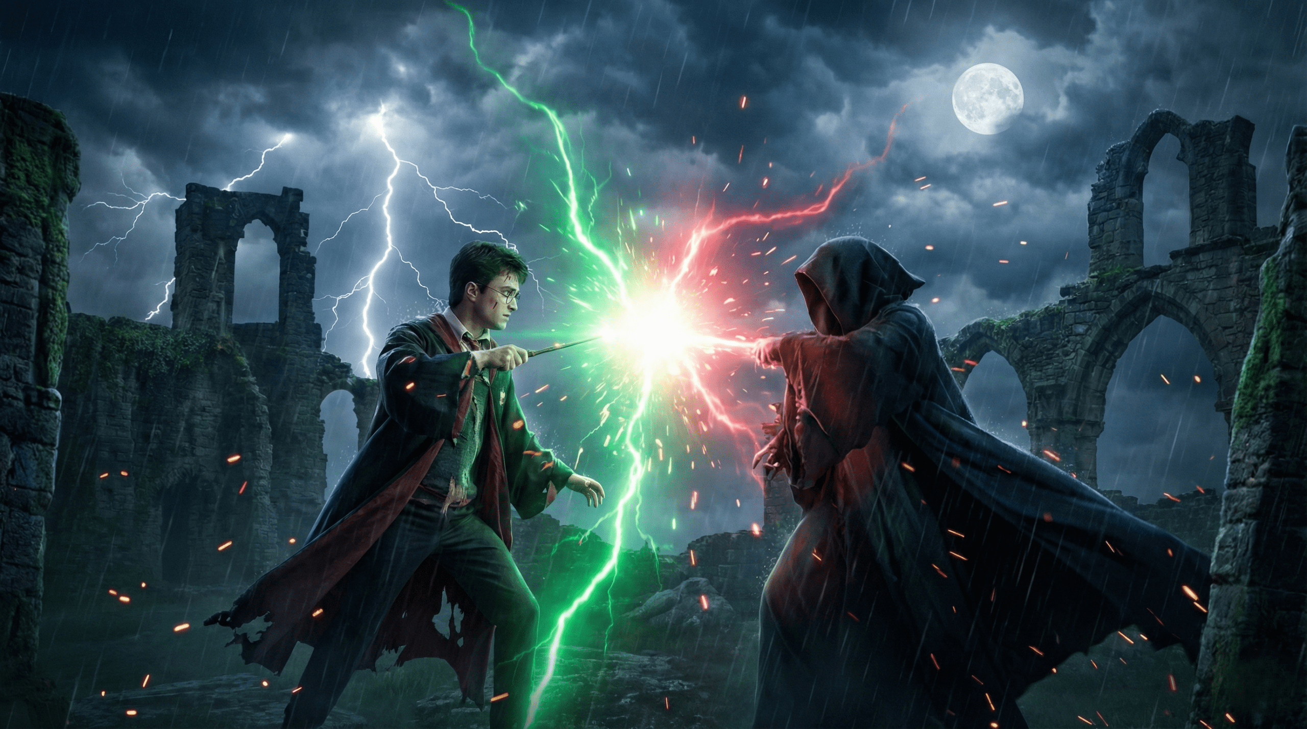 Intense magical duel in Harry Potter, symbolizing courage and darker themes from profound quotes in the series.