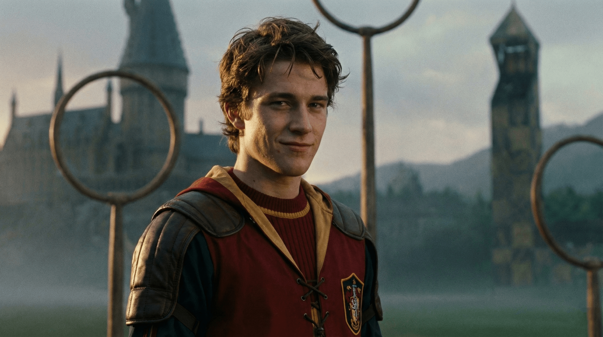 Cormac McLaggen confident portrait in Gryffindor Quidditch robes on Hogwarts pitch