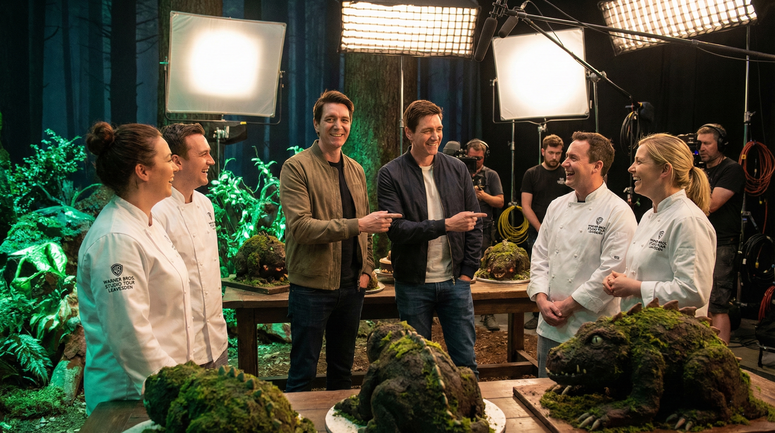 James and Oliver Phelps hosting pastry chefs during Forbidden Forest challenge filming – Harry Potter: Wizards of Baking