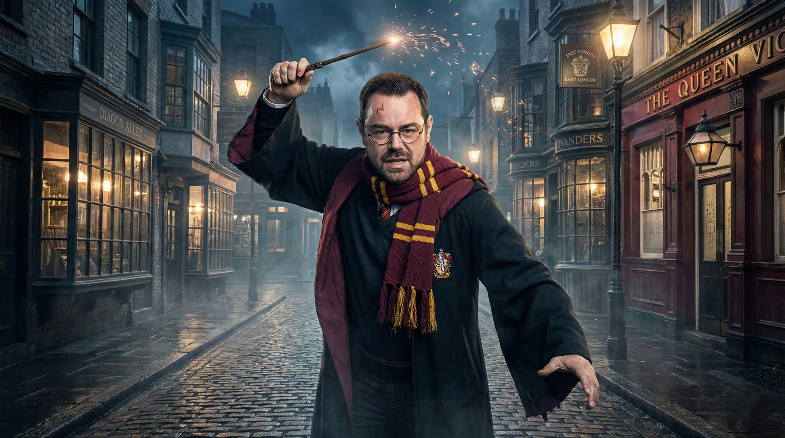 Danny Dyer as gritty Cockney Harry Potter waving wand aggressively in Diagon Alley street parody scene
