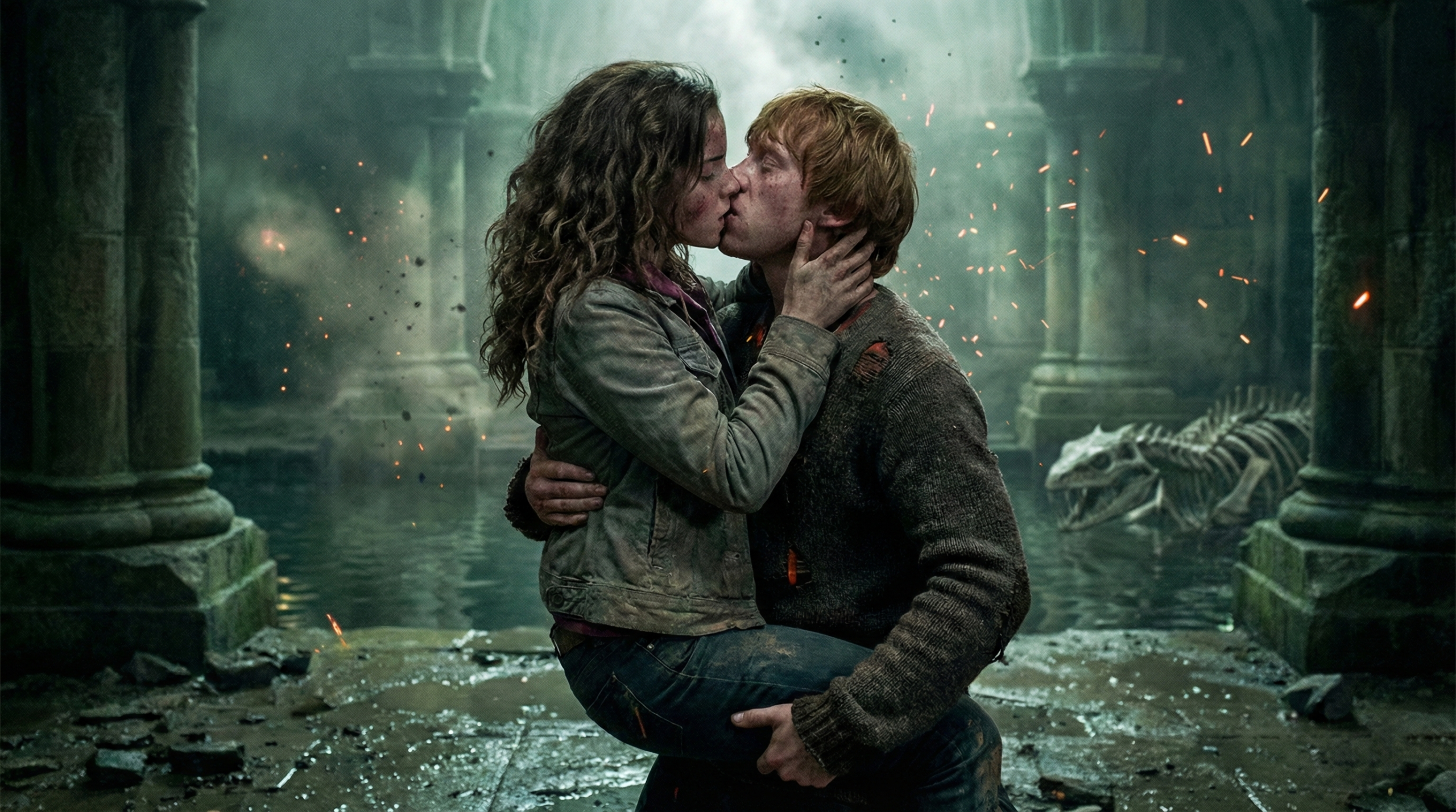 Hermione and Ron's first passionate kiss in the Chamber of Secrets during the Battle of Hogwarts