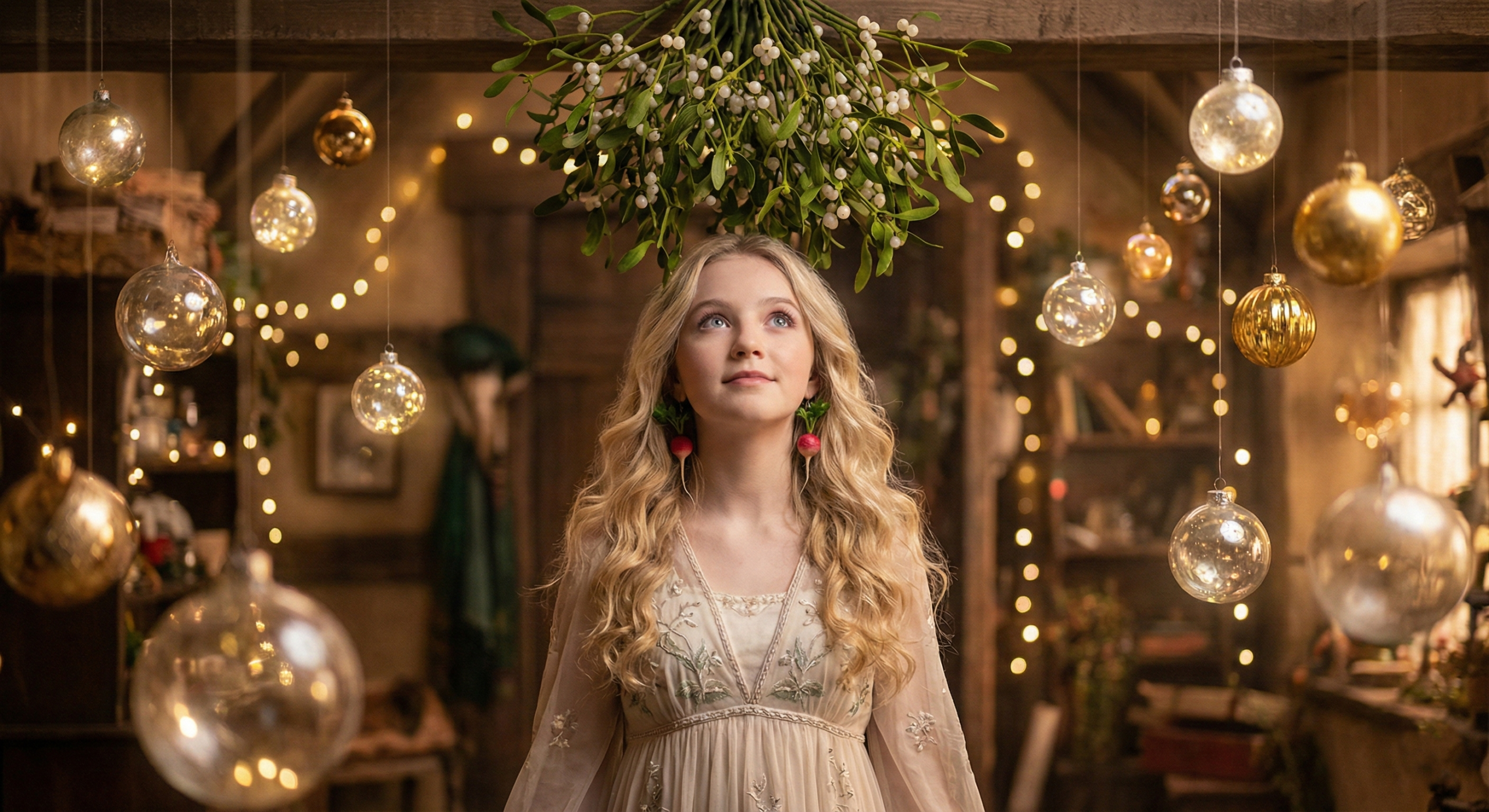 Luna Lovegood standing under mistletoe in the Room of Requirement warning about Nargles