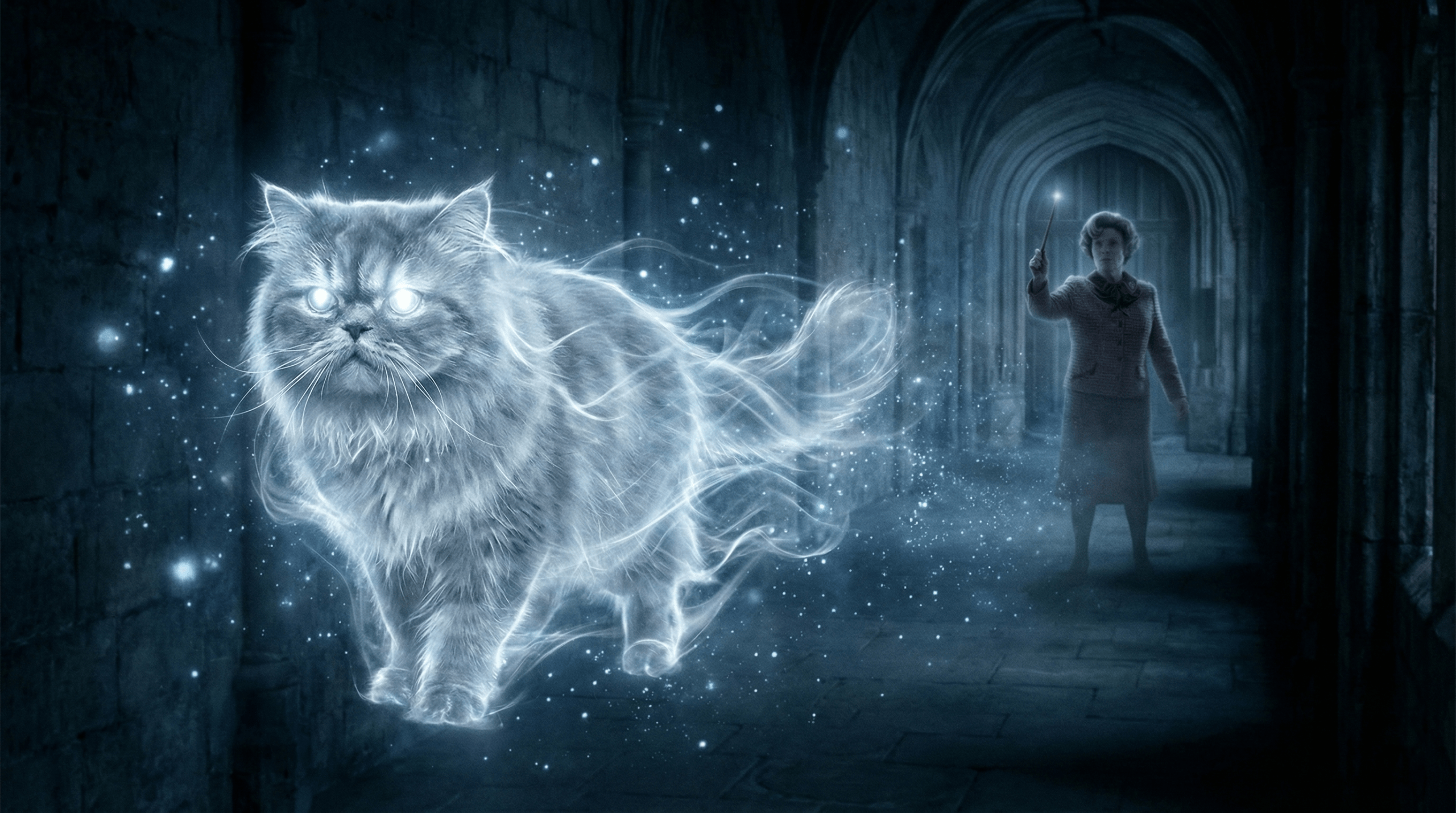 Dolores Umbridge's Persian cat Patronus glowing in silver light Harry Potter magic