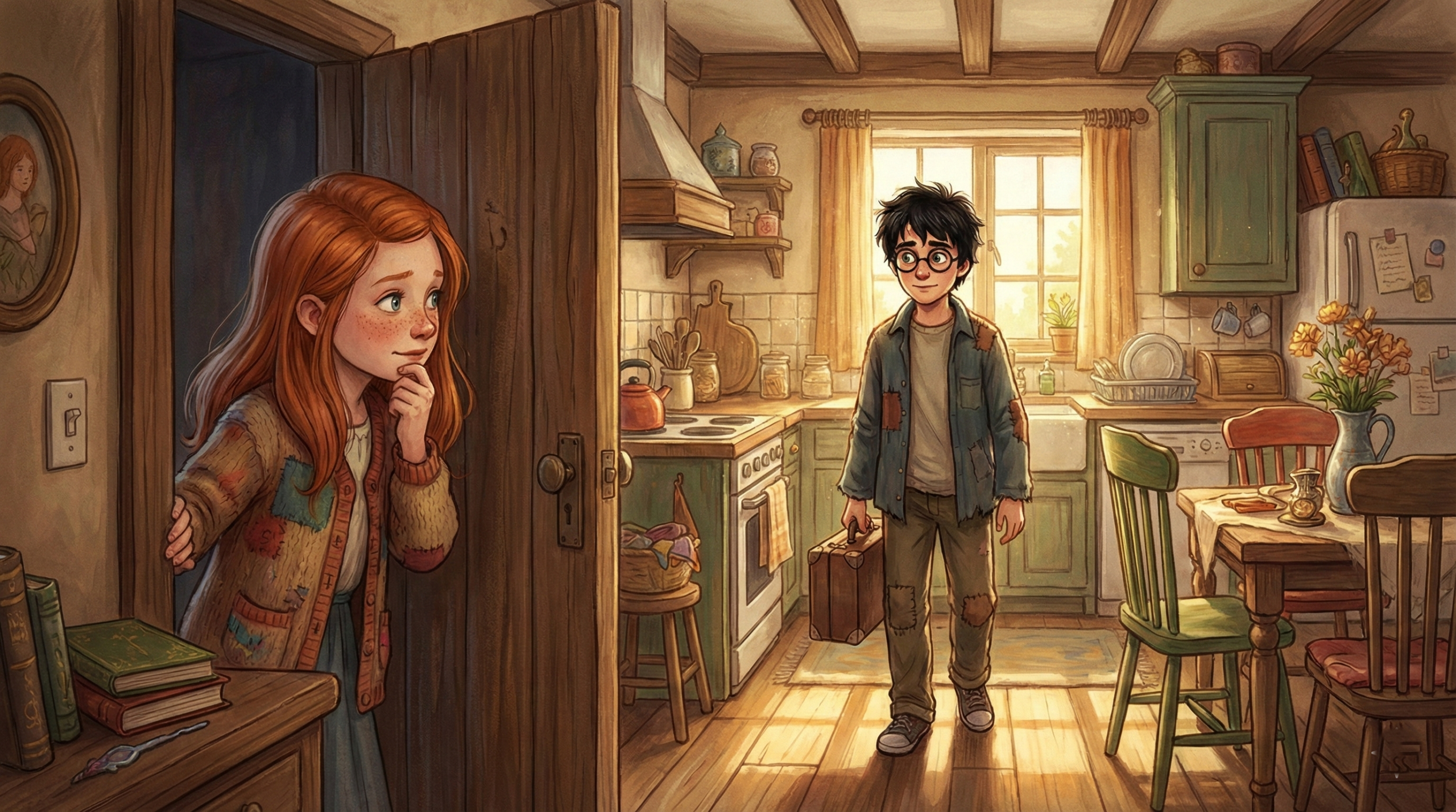 Young Ginny Weasley shyly watching Harry Potter at The Burrow during their early meetings