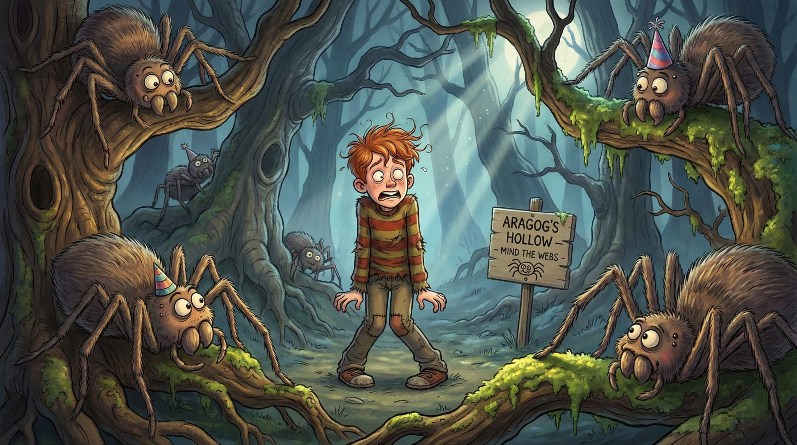 Ron Weasley in a funny scared moment facing spiders in the Forbidden Forest, capturing humorous Harry Potter quotes.