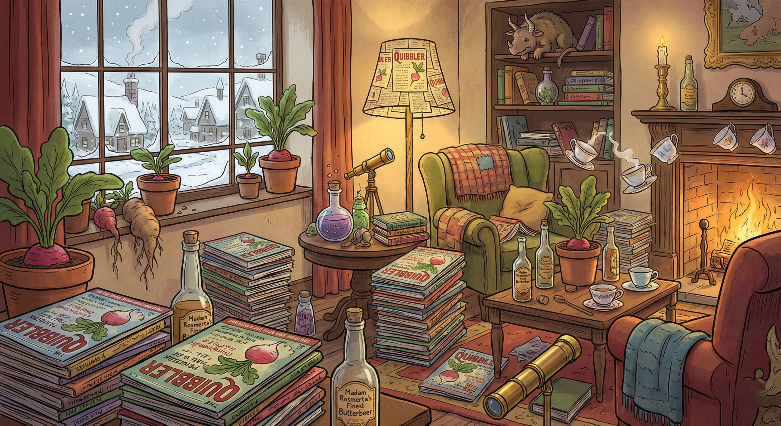 Interior of the Lovegood home with The Quibbler magazines and eccentric magical objects