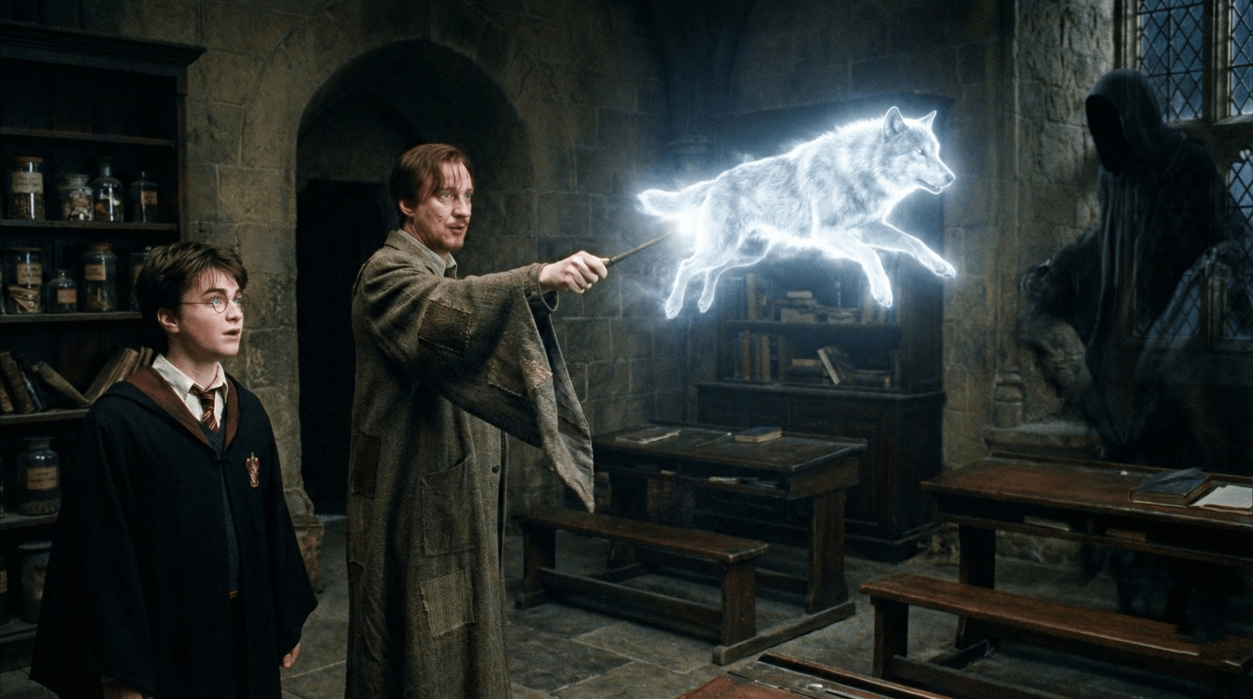 Remus Lupin teaching Harry Potter the Patronus Charm with silver wolf appearing